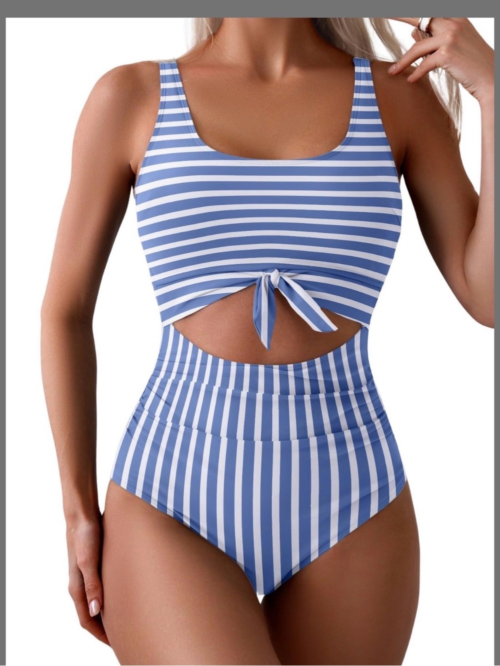 Striped Blue & White Kids One-Piece Swimsuit with Front Tie